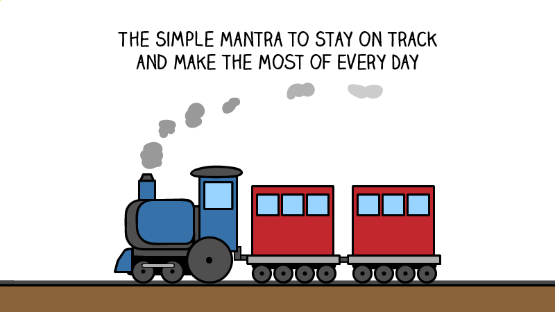 Cartoon train beneath text about staying on track every day